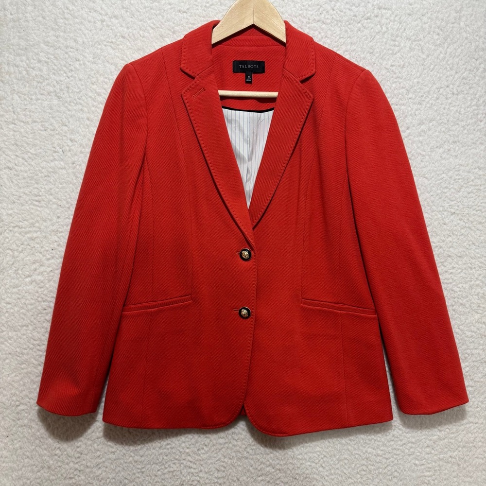 Talbots Women Red Blazer Jacket Size 10 Single Button Cotton Blend Career